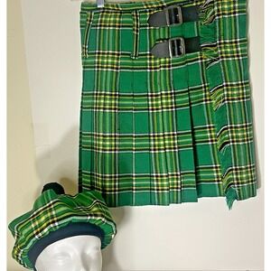 All Safe Trading Women's Green Plaid Kilt Skirt & Hat Set Sz XXS Ensemble Outfit